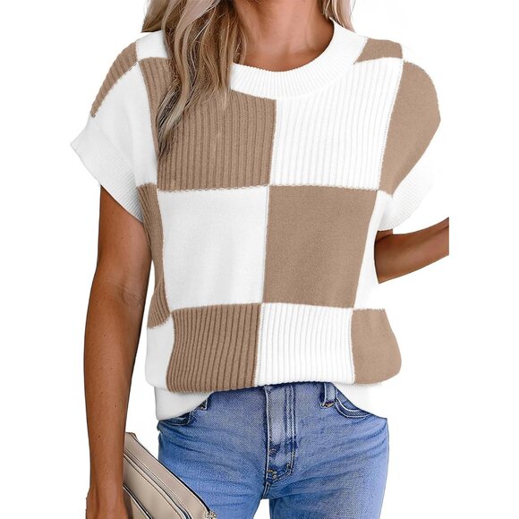 Sweaters - Short Sleeve Sweater for Women Crewneck Color Block Knit Tops 2026 Spring Trendy